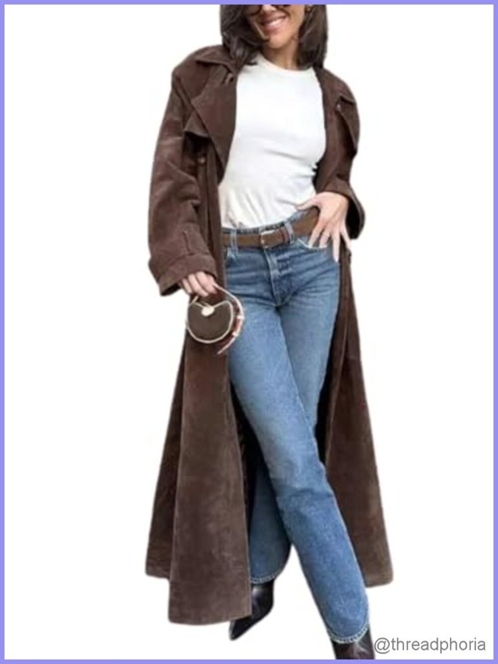 Faux Suede Long Trench Coat Notched Lapel Double Breasted Belted Pea Coat